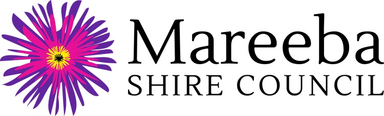 Logo of Mareeba Shire Council with a purple and pink abstract flower design on the left and the text 