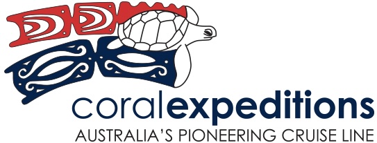 Logo of Coral Expeditions featuring a turtle with tribal patterns, the text 