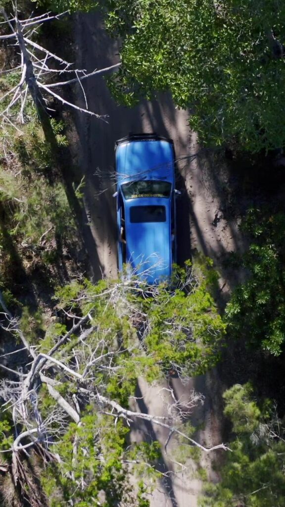 A blue car drives along a narrow dirt road surrounded by green trees, seen from directly above.
