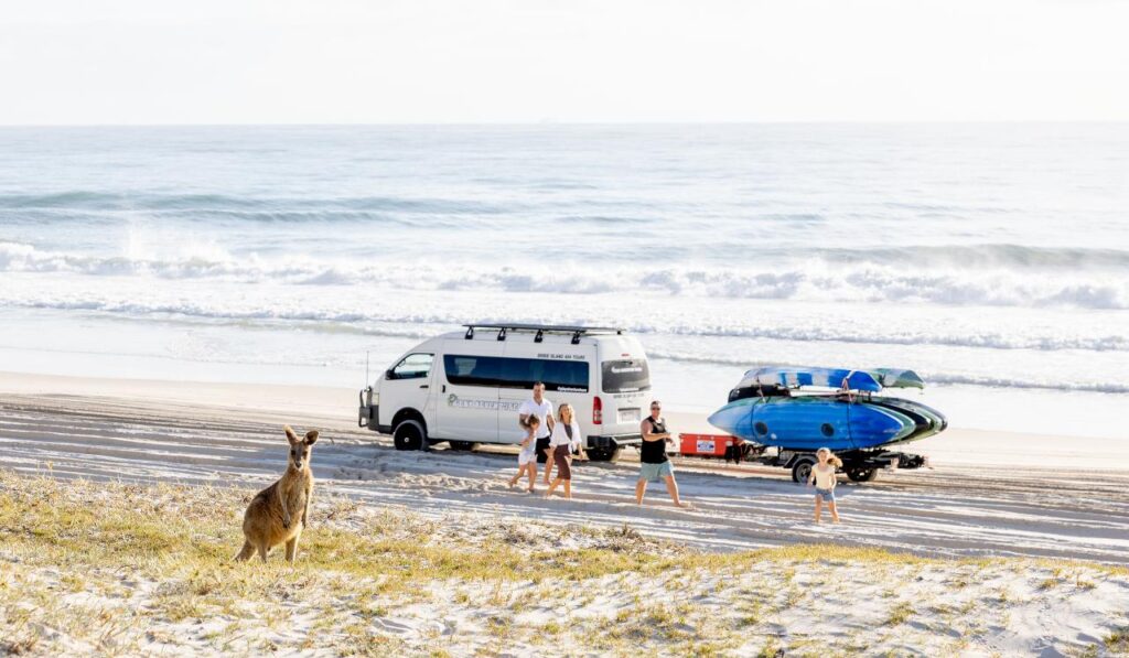 A kangaroo stands in the foreground on a sandy beach; behind it, a group of people gather near a white van and a trailer carrying two jet skis by the ocean.
