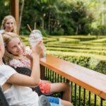 Two girls sitting at an outdoor wooden railing, holding plastic cups with straws, with a maze and greenery in the background. An adult woman sits behind them.