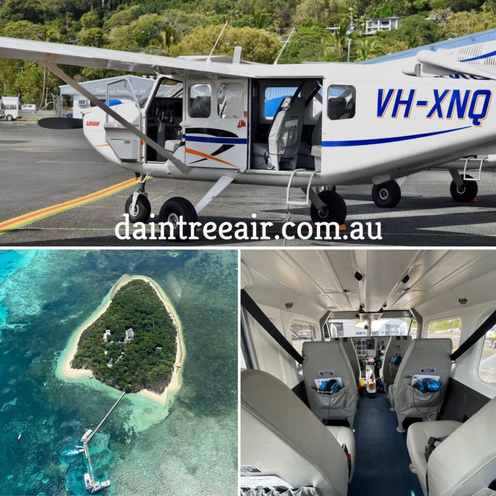 A small aircraft on a runway, an aerial view of an island with a dock, and the interior of the plane with passenger seats. Website daintreeair.com.au is overlaid.