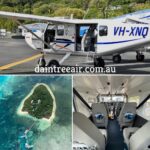 A small aircraft on a runway, an aerial view of an island with a dock, and the interior of the plane with passenger seats. Website daintreeair.com.au is overlaid.