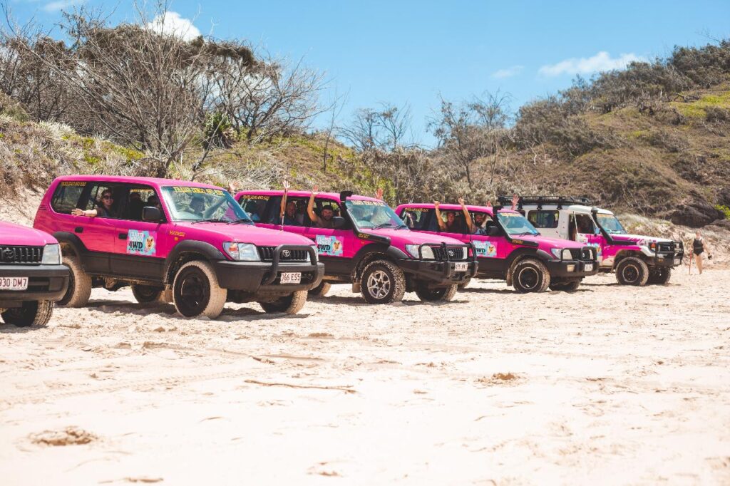 Six brightly colored 4WD vehicles, mostly pink, are parked in a row on a sandy beach with greenery and blue sky in the background.