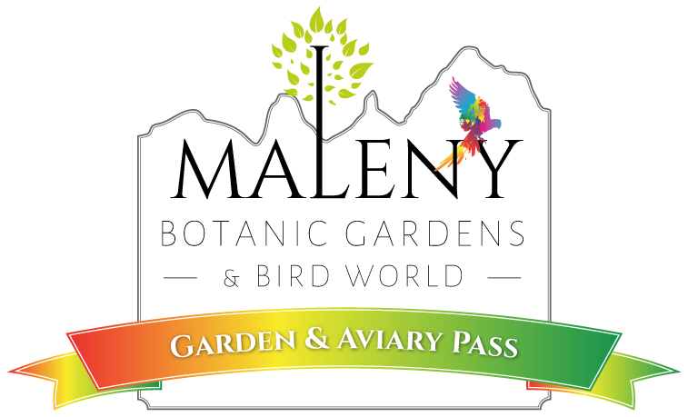 Logo for Maleny Botanic Gardens & Bird World featuring a colorful parrot and a rainbow banner labeled "Garden & Aviary Pass.