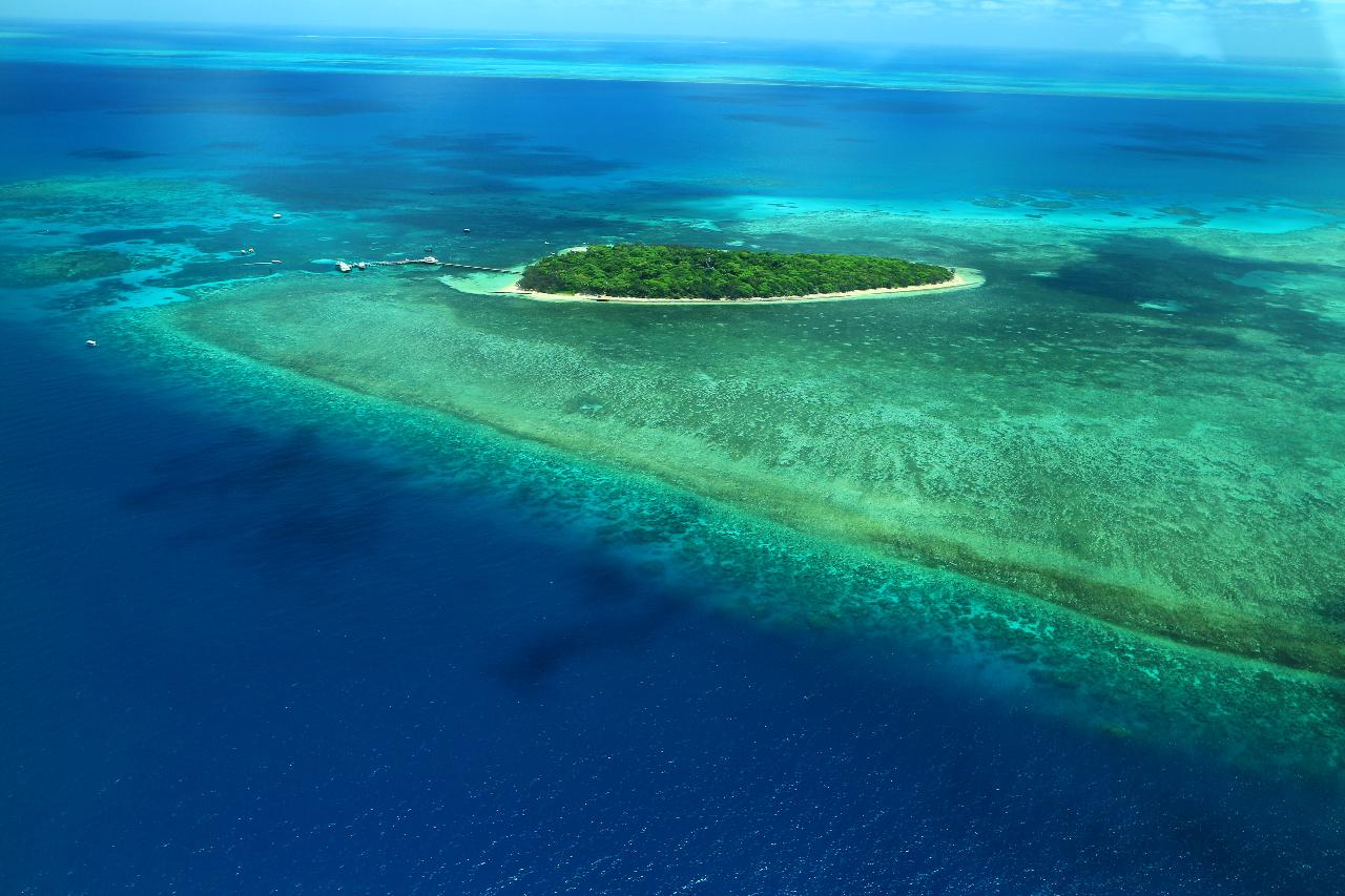 A small, green, tree-covered island surrounded by turquoise and deep blue ocean waters with visible coral reefs.