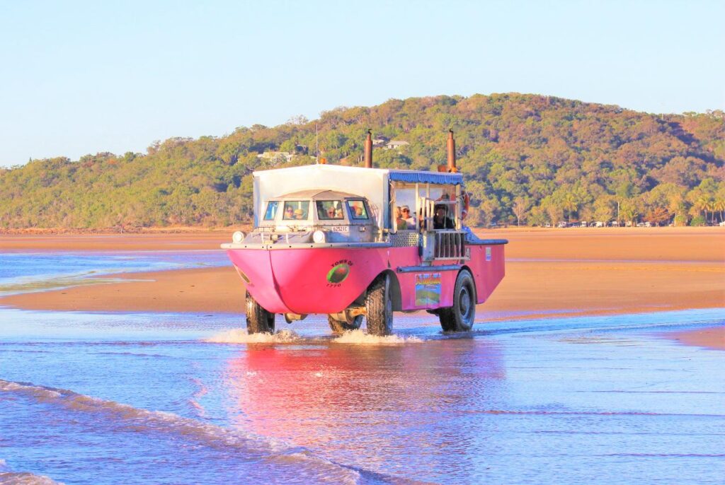 A pink amphibious tour vehicle drives from the ocean onto a sandy beach with a forested hill in the background.