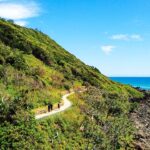 A winding path runs along a green hillside next to rocky shoreline with two people walking under a clear blue sky.