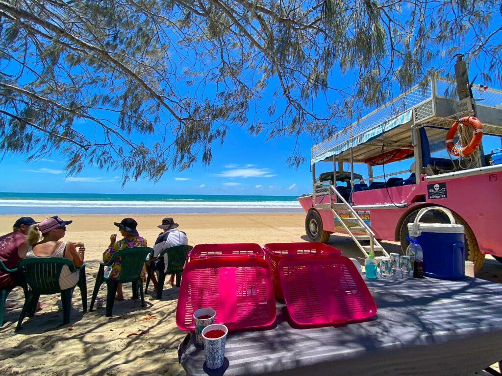 A group of people sit on plastic chairs near a pink beach vehicle under tree shade, with trays and cups on a table and the ocean in the background.