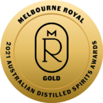 Gold medal badge for the 2021 Australian Distilled Spirits Awards from Melbourne Royal, featuring a central logo and black text on a gold background.