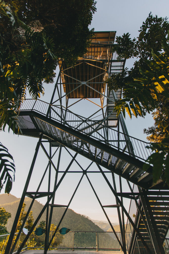 Tall metal observation tower with multiple staircases and platforms, surrounded by trees, overlooking distant hills under a clear sky.