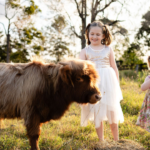 Two young girls in dresses stand beside a small brown cow in a grassy field; a black and gold VIP badge is in the top left corner.