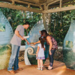Three people, two adults and a child, read and point at interpretive display panels under a shelter in an outdoor nature area.