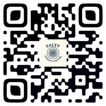 Black-and-white QR code with the Salty Fishing Charters logo, including a nautical compass, in the center.