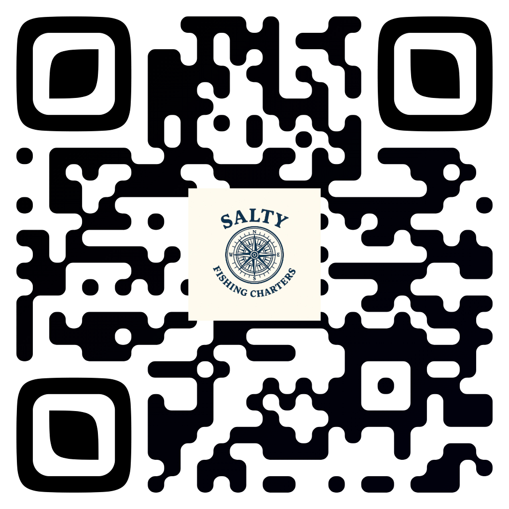 Black-and-white QR code with the Salty Fishing Charters logo, including a nautical compass, in the center.