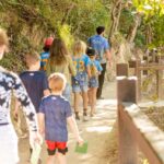 A group of children and adults walk along a dirt path surrounded by trees, with some holding green cards and wearing matching shirts with numbers.