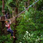 A person wearing safety gear is ziplining through a lush green forest, with others waiting on a platform in the background.