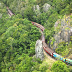 A colorful train travels along a winding railway track through dense green forest and rocky cliffs.