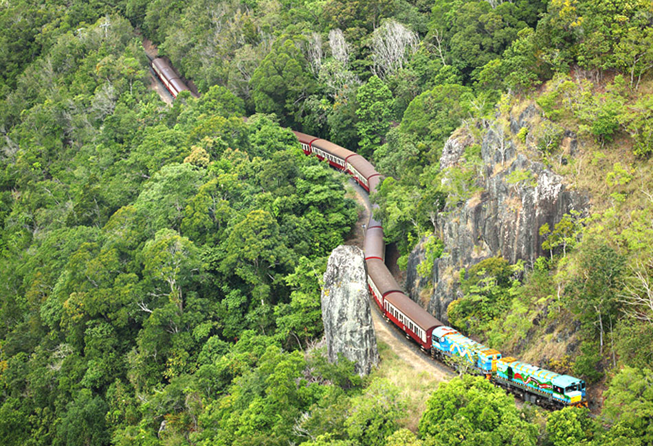 A colorful train travels along a winding railway track through dense green forest and rocky cliffs.