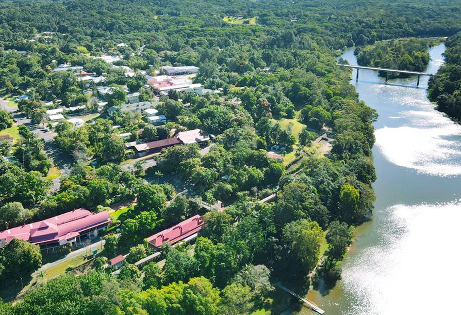 Aerial view of a small town surrounded by dense greenery, with buildings near a winding river and a bridge crossing the water.