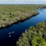 Aerial view of a river winding through dense forest with three kayaks paddling downstream; coastline and ocean visible in the background.