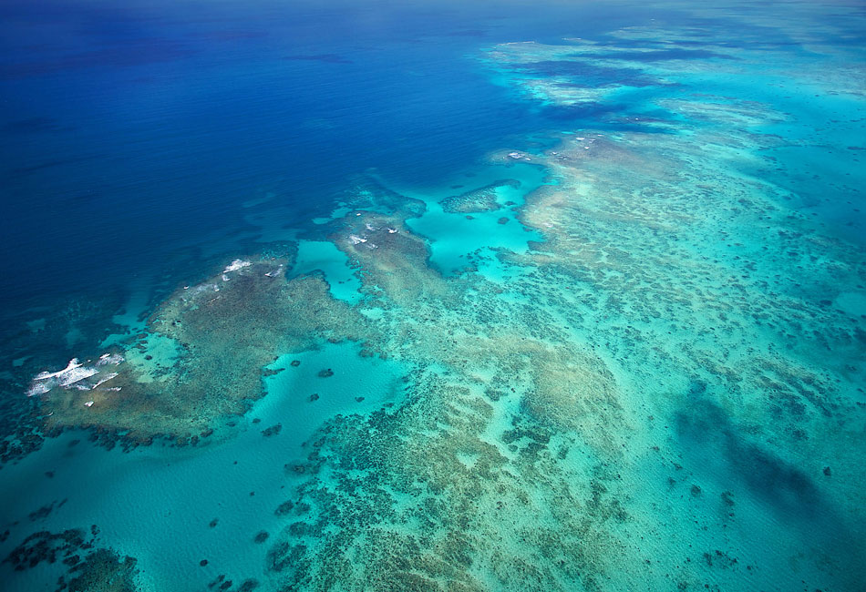 Aerial view of turquoise waters and coral formations in a large, shallow reef area extending into the deep blue ocean.