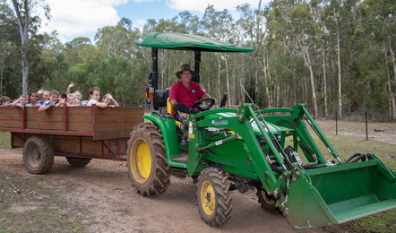 A man drives a green tractor pulling a wooden trailer filled with children, on a dirt path surrounded by trees.