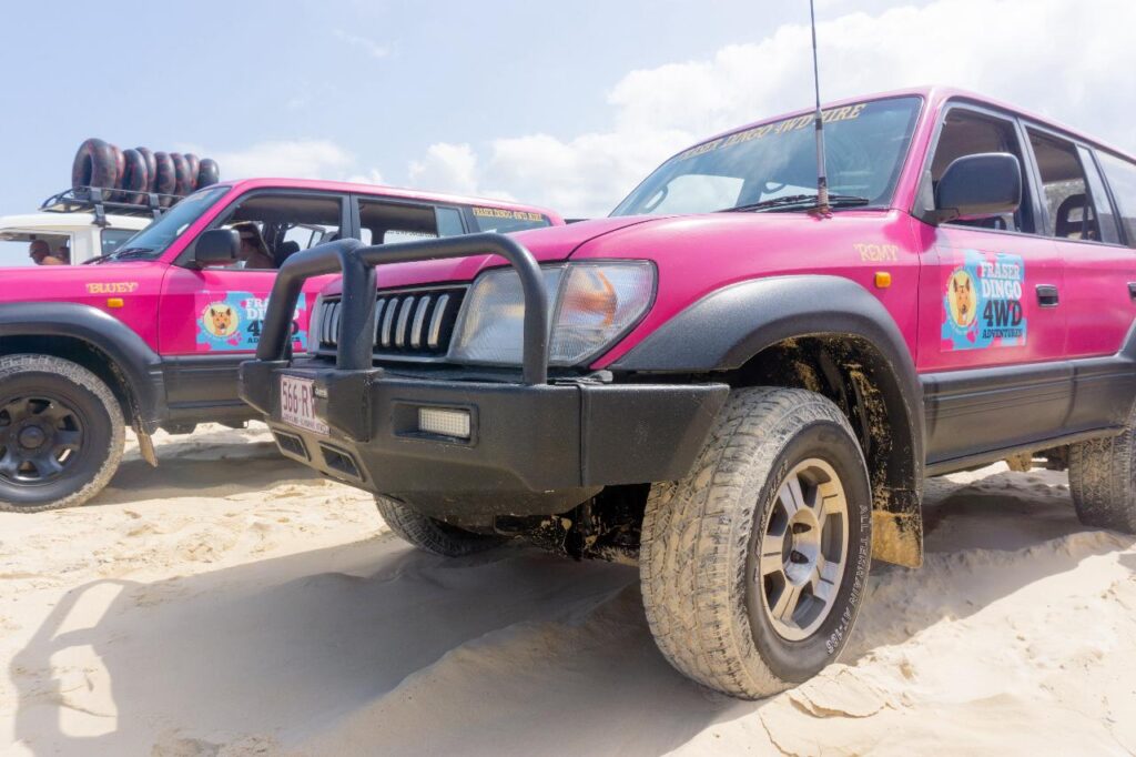 Two pink 4WD vehicles with tour company decals are parked on sandy terrain under a partly cloudy sky.