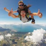 Two people tandem skydiving above a landscape with fields, river, and coastline visible below; both giving thumbs up and wearing goggles.