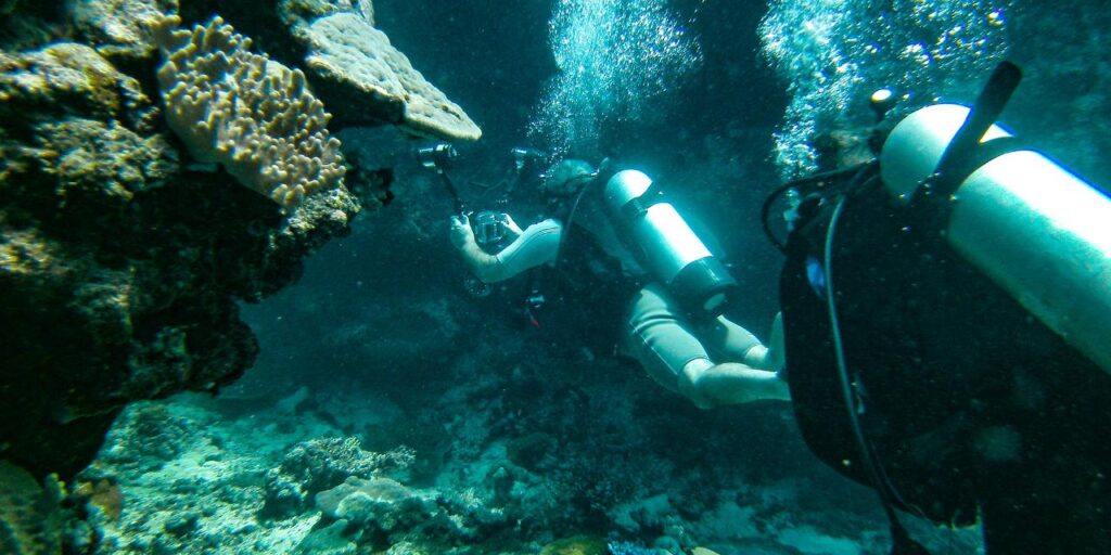 Two scuba divers swim underwater near a coral reef; one diver is photographing the coral while the other follows nearby.