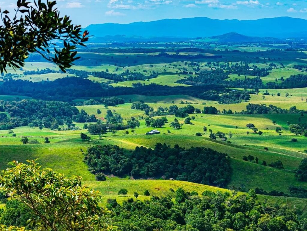 A panoramic view of rolling green hills and fields dotted with trees, with distant mountains under a blue sky.