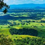 A panoramic view of rolling green hills and fields dotted with trees, with distant mountains under a blue sky.